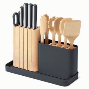 Wooden Utensil Set & Knife Block + Holder Stainless Steel Charcoal