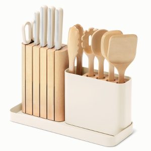 Wooden Utensil Set & Knife Block + Holder Stainless Steel Cream