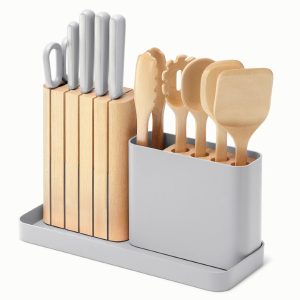 Wooden Utensil Set & Knife Block + Holder Stainless Steel Gray