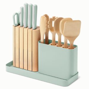 Wooden Utensil Set & Knife Block + Holder Stainless Steel Mist