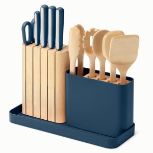 Wooden Utensil Set & Knife Block + Holder Stainless Steel Navy