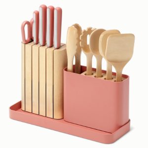Wooden Utensil Set & Knife Block + Holder Stainless Steel Perracotta
